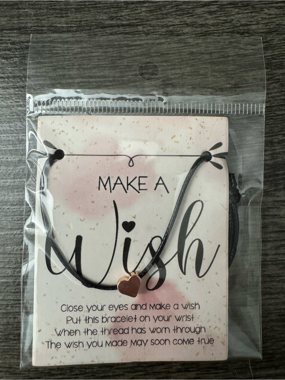 Make a Wish Heart Bracelet - Rose Gold Heart on Black Cord